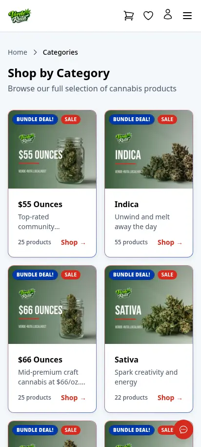 Página de categorías de la tienda DabDash mostrando recuentos de productos y tarjetas de categoría — vista móvil