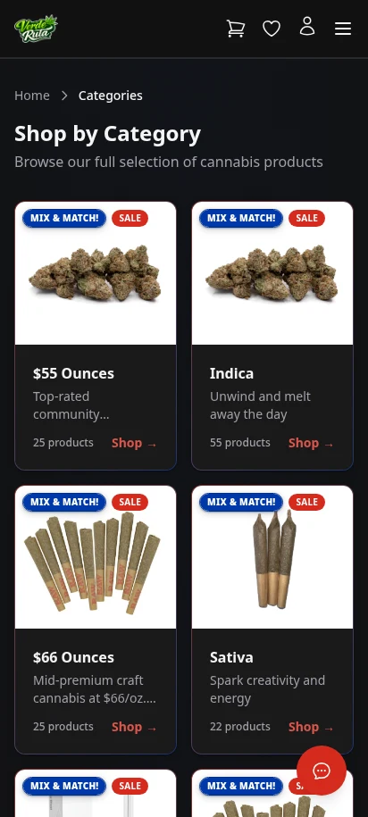 DabDash storefront categories page showing product counts and category cards — mobile view