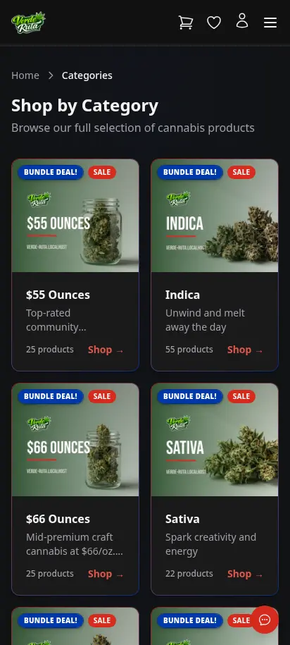 Página de categorías de la tienda DabDash mostrando recuentos de productos y tarjetas de categoría — vista móvil