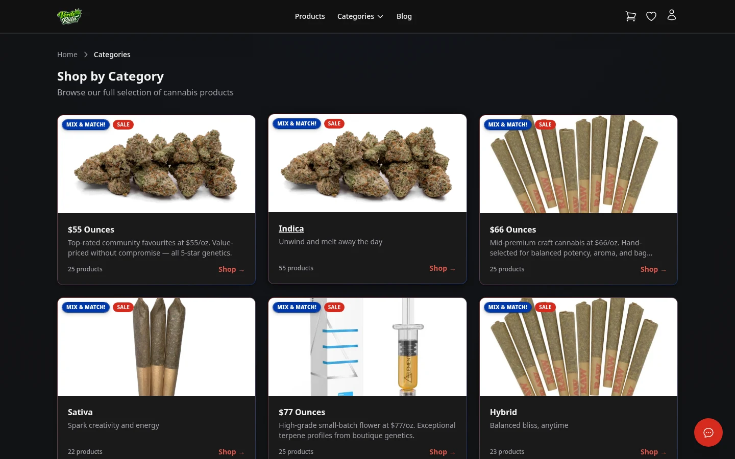 DabDash storefront categories page showing product counts and category cards