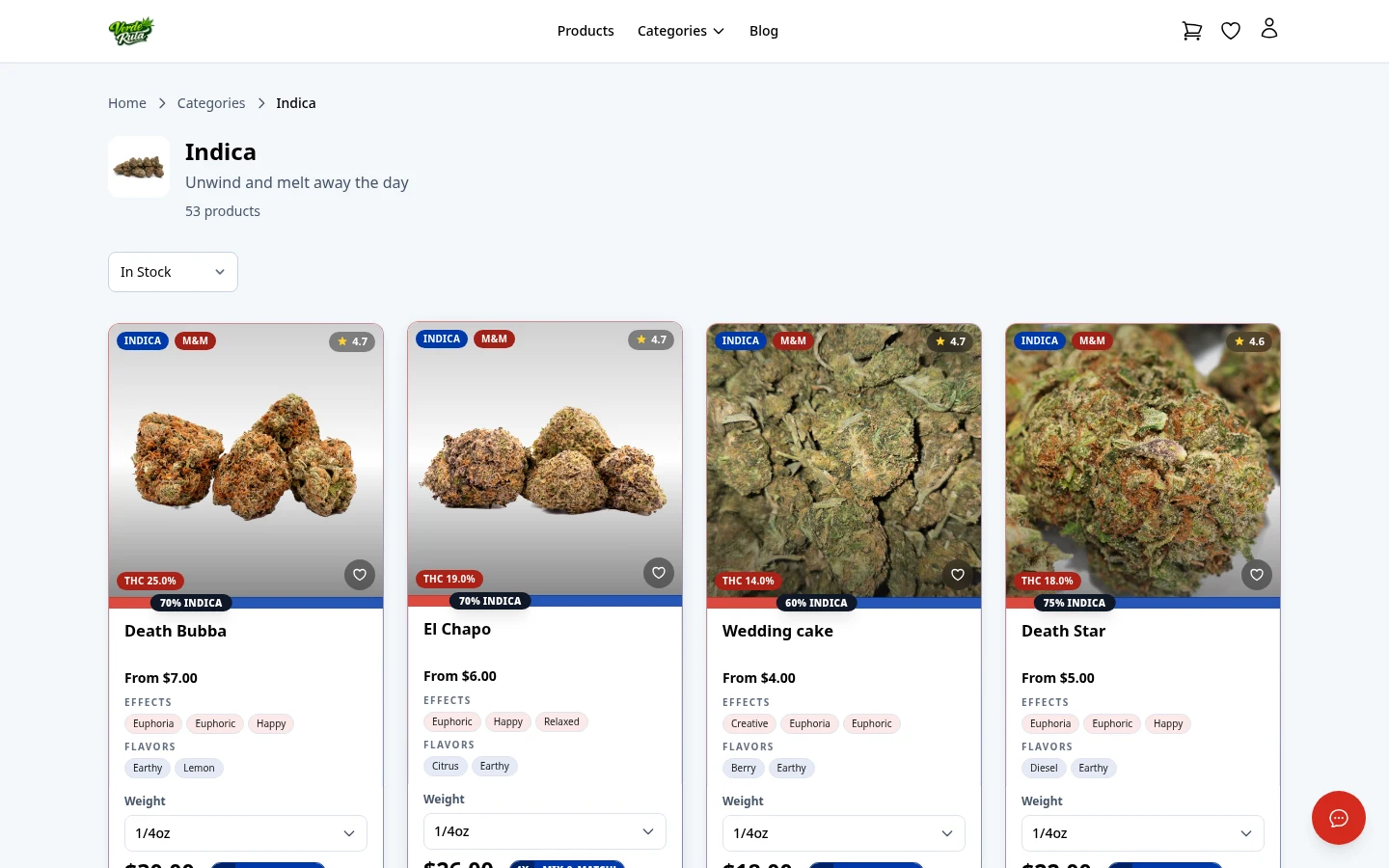 Página de categoría de flor de DabDash mostrando tarjetas de producto con precios y detalles de strain