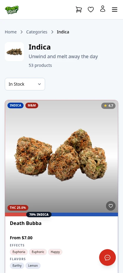 DabDash flower category page showing rich product cards with prices and strain details — mobile view