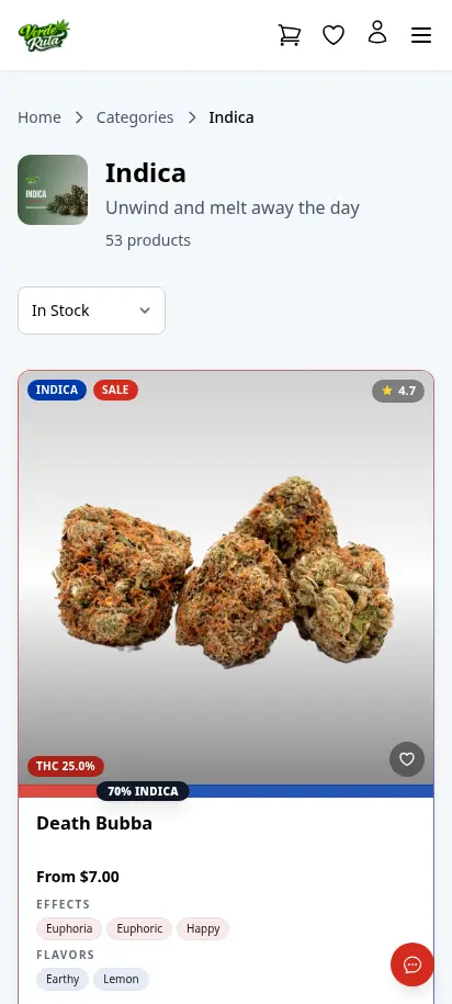 Página de categoría de flor de DabDash mostrando tarjetas de producto con precios y detalles de strain — vista móvil