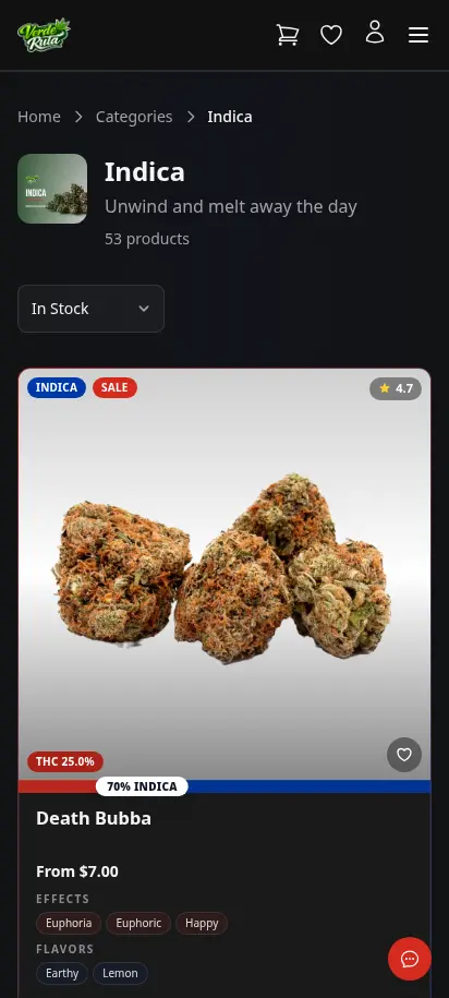 Página de categoría de flor de DabDash mostrando tarjetas de producto con precios y detalles de strain — vista móvil