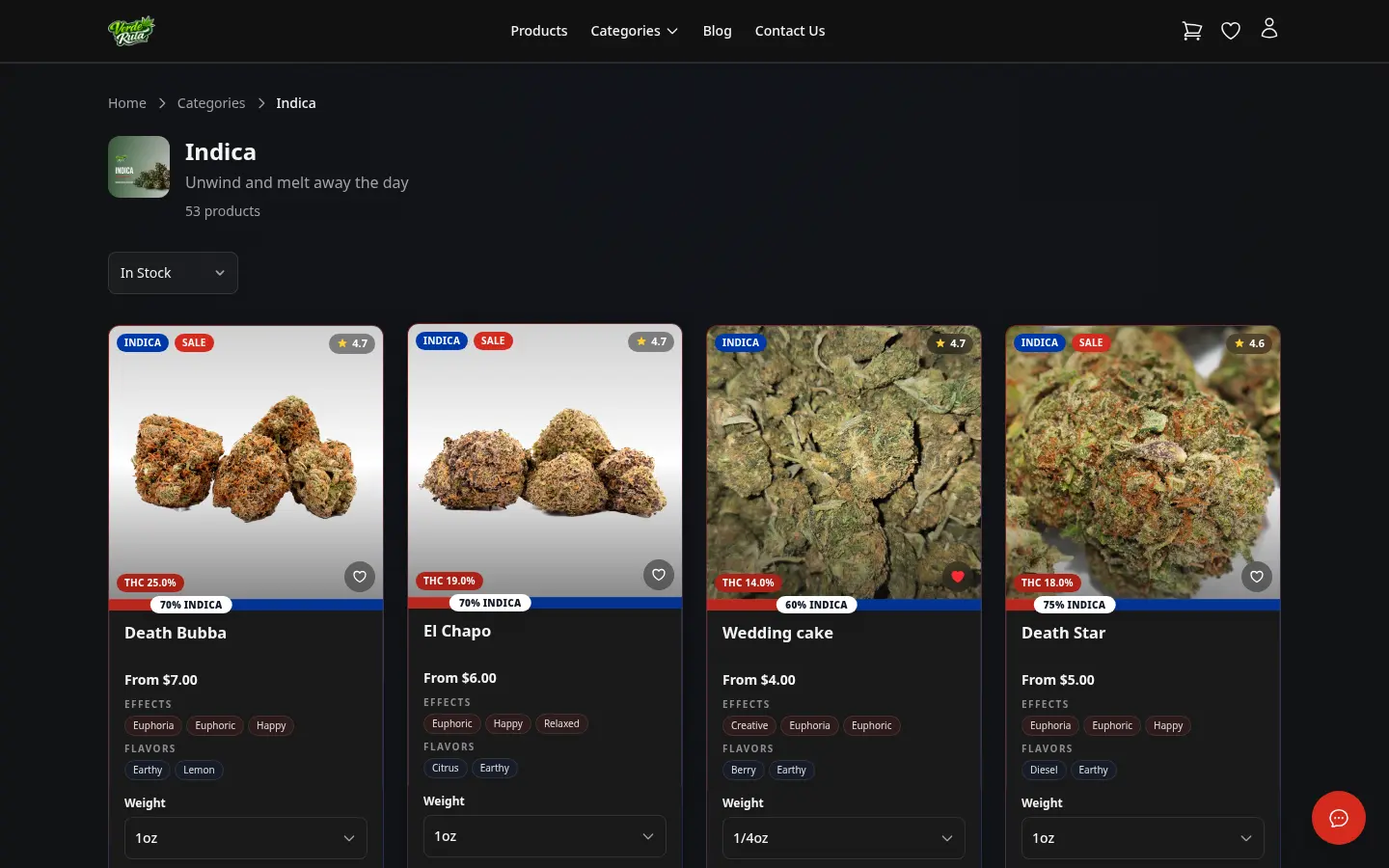 Página de categoría de flor de DabDash mostrando tarjetas de producto con precios y detalles de strain