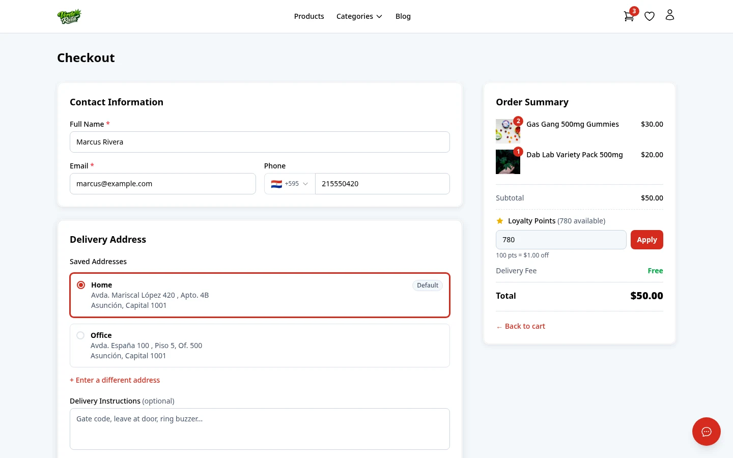 DabDash checkout page showing saved addresses, delivery time slot picker, and order summary