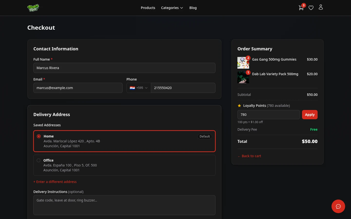 DabDash checkout page showing saved addresses, delivery time slot picker, and order summary