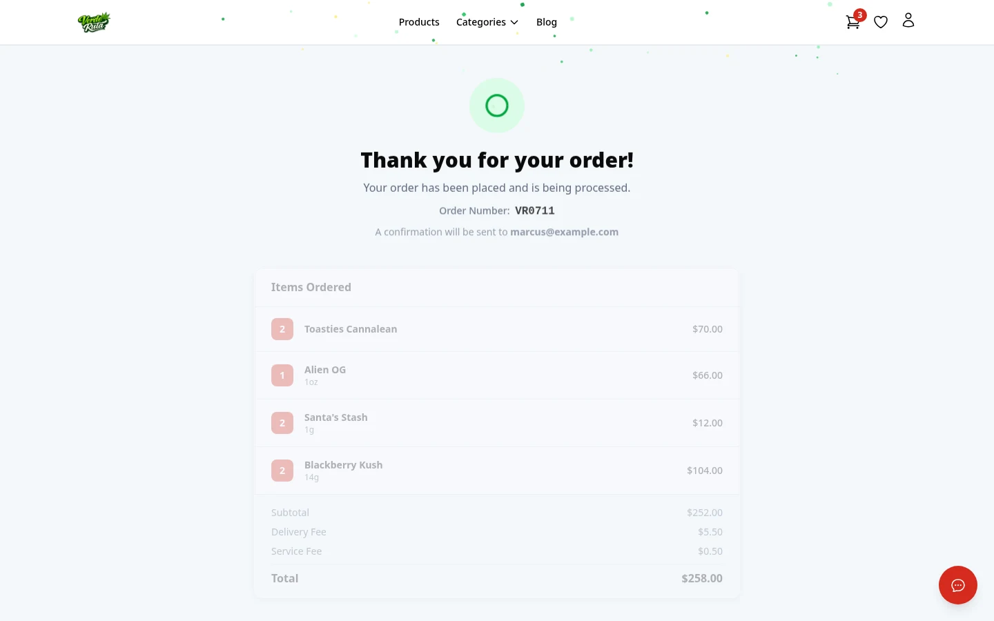 DabDash order confirmation page showing order number, items ordered, and total with confetti