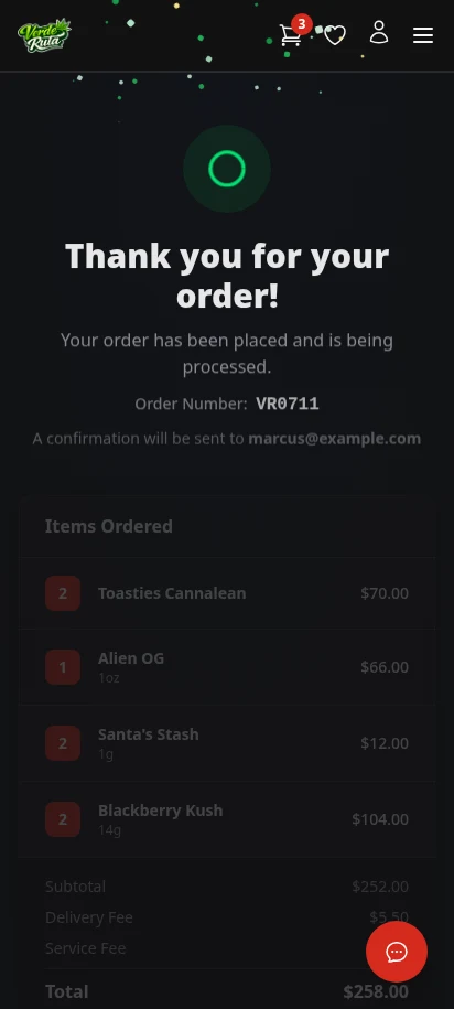 DabDash order confirmation page showing order number, items ordered, and total with confetti