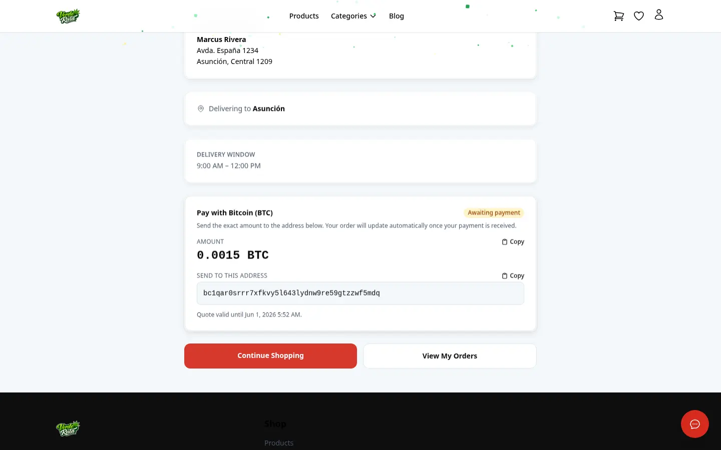 La pantalla de éxito del pago con cripto confirmando que el pago se ha recibido y que el pedido se está preparando