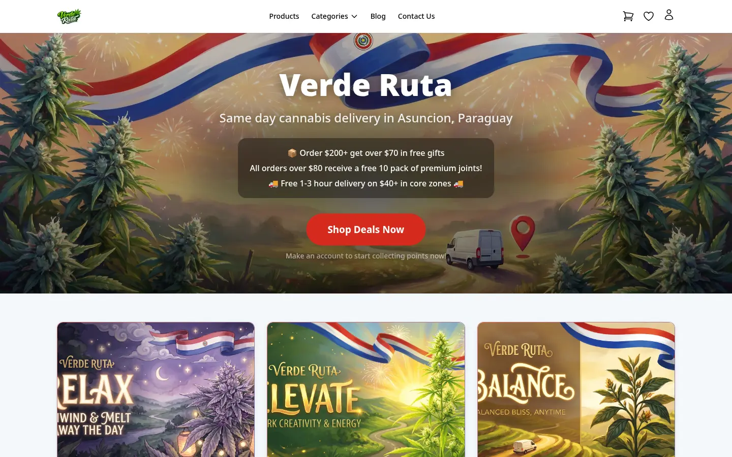 Página de inicio de la tienda DabDash con hero personalizado, productos destacados y accesos directos a categorías