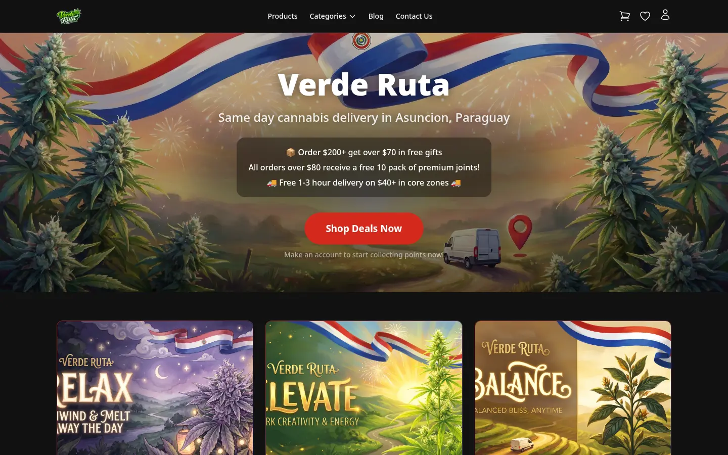 Página de inicio de la tienda DabDash con hero personalizado, productos destacados y accesos directos a categorías