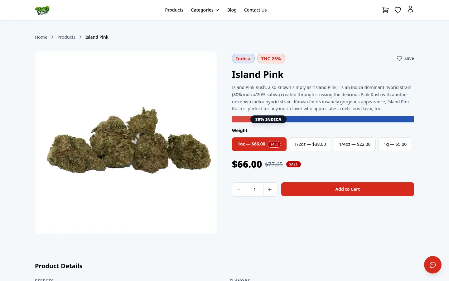 Página de detalle de producto de DabDash mostrando datos del strain, selector de variación e imágenes del producto