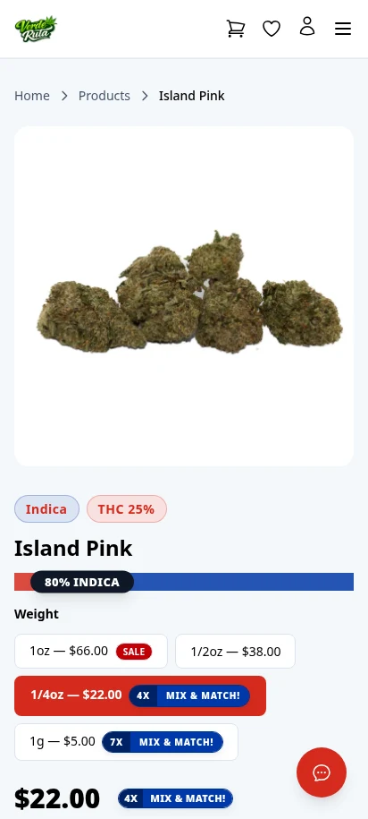 DabDash product detail page showing strain facts, variation picker, and product images — mobile view