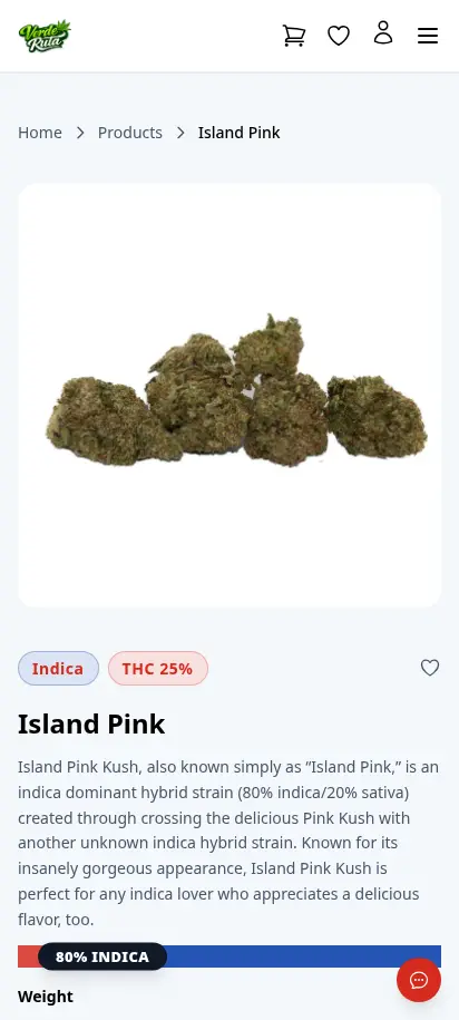 Página de detalle de producto de DabDash mostrando datos del strain, selector de variación e imágenes del producto — vista móvil