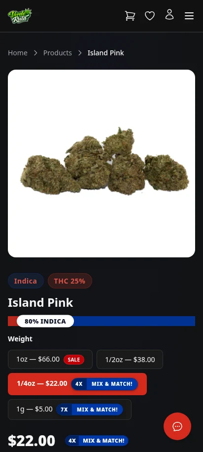 DabDash product detail page showing strain facts, variation picker, and product images — mobile view