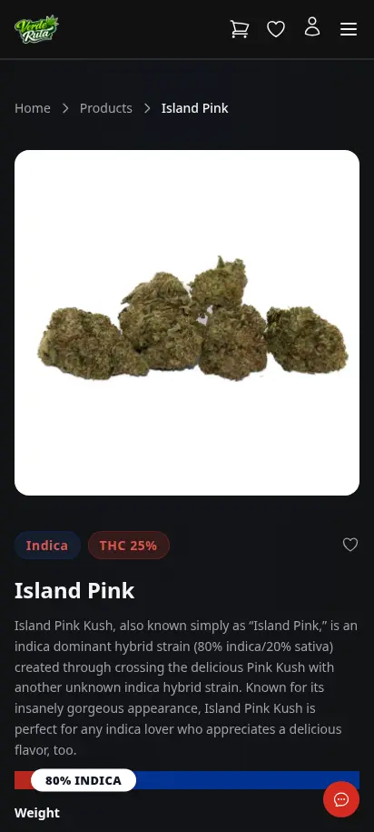 Página de detalle de producto de DabDash mostrando datos del strain, selector de variación e imágenes del producto — vista móvil