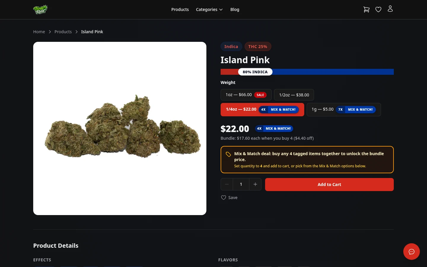 DabDash product detail page showing strain facts, variation picker, and product images