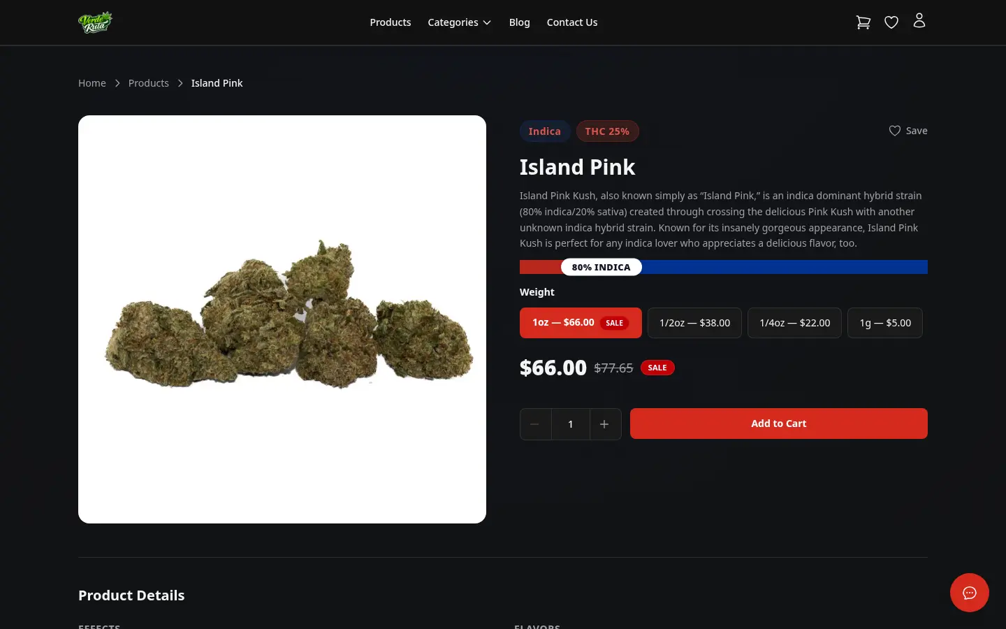 Página de detalle de producto de DabDash mostrando datos del strain, selector de variación e imágenes del producto