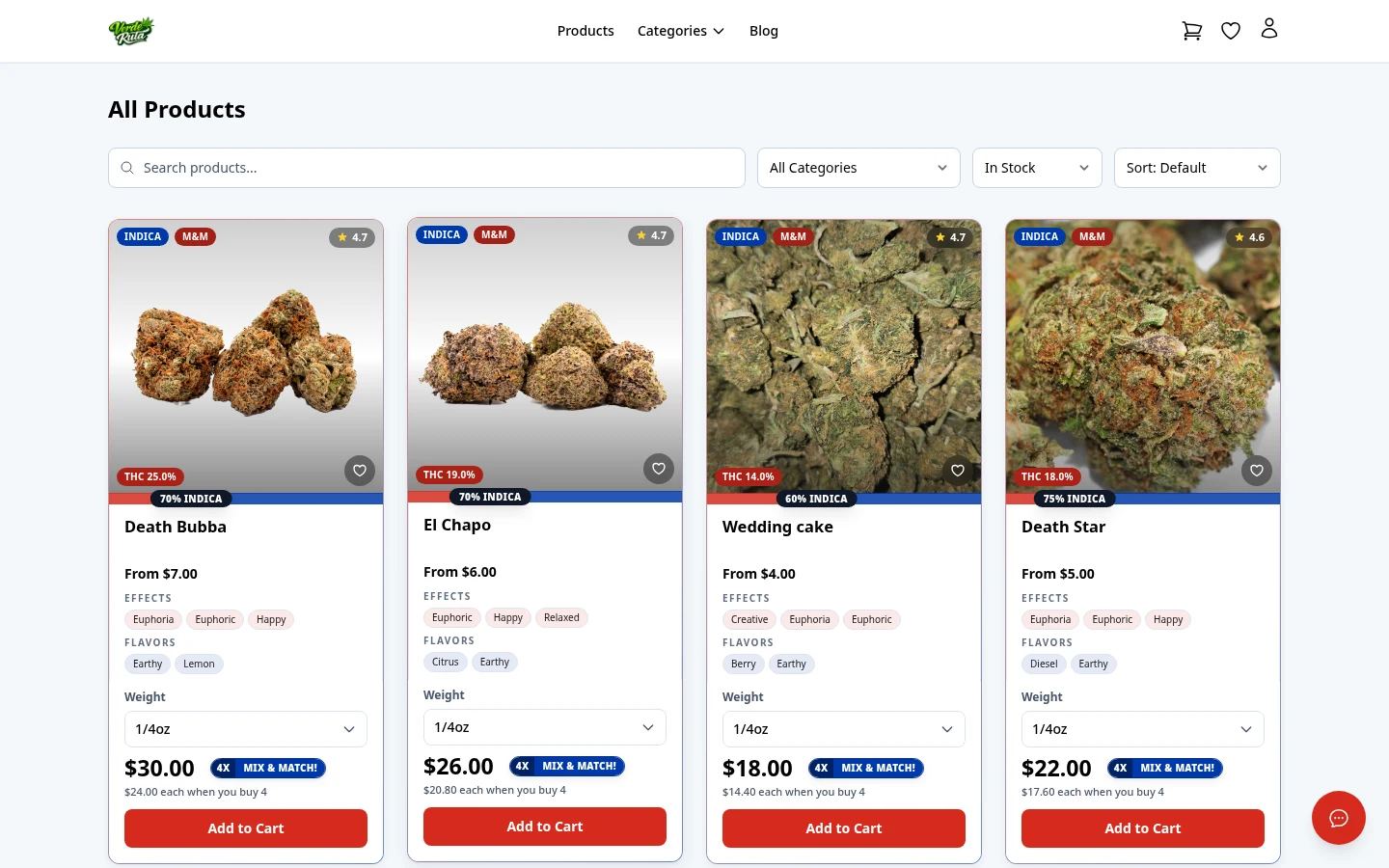 DabDash product catalog with search, category filters, and rich product cards