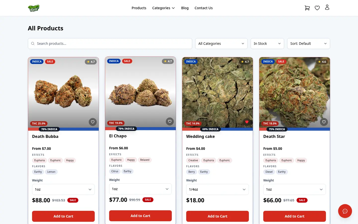 Catálogo de productos de DabDash con búsqueda, filtros de categoría y tarjetas de producto detalladas