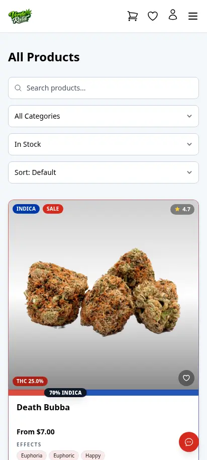 Catálogo de productos de DabDash con búsqueda, filtros de categoría y tarjetas de producto detalladas — vista móvil