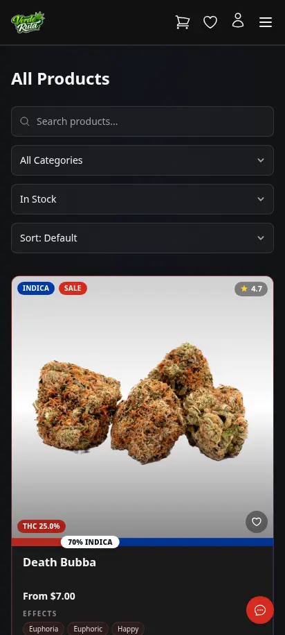 Catálogo de productos de DabDash con búsqueda, filtros de categoría y tarjetas de producto detalladas — vista móvil