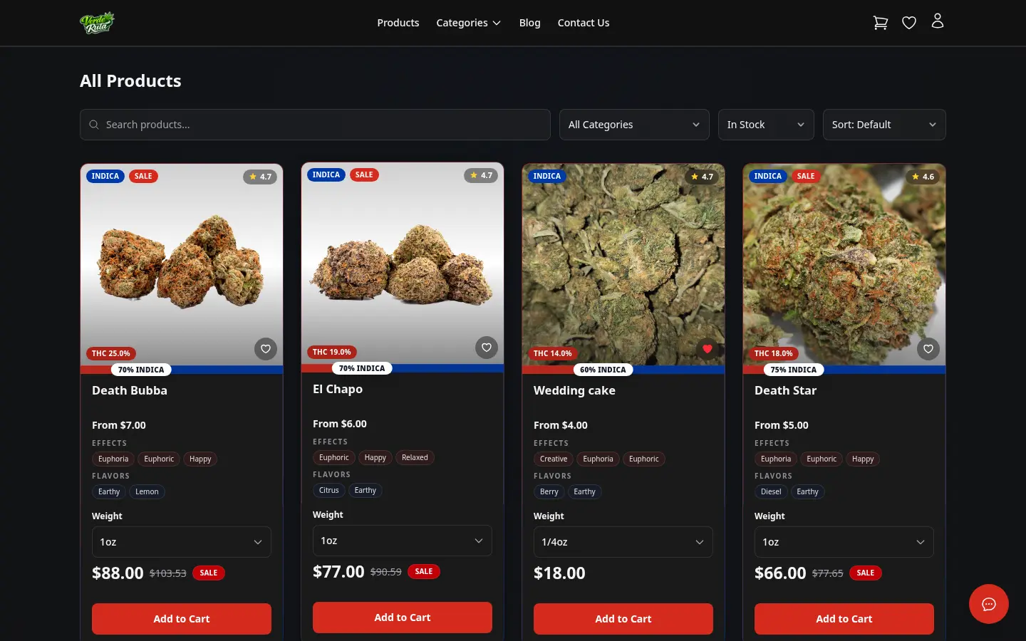 Catálogo de productos de DabDash con búsqueda, filtros de categoría y tarjetas de producto detalladas