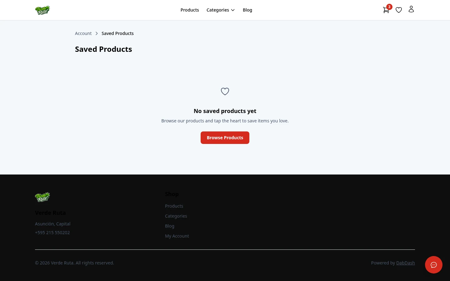Página de Productos Guardados de DabDash mostrando una lista de productos con precios, estado de stock y botones para agregar al carrito