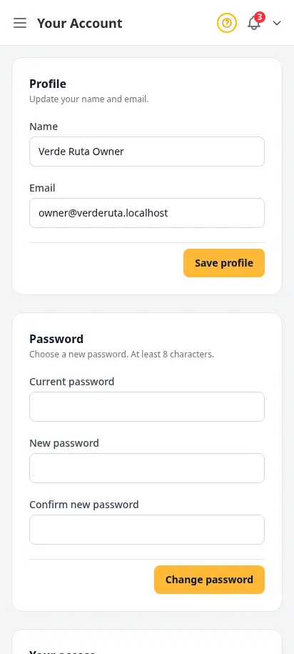 Página de tu cuenta de DabDash mostrando los campos de perfil personal para el nombre y el correo de contacto — vista móvil