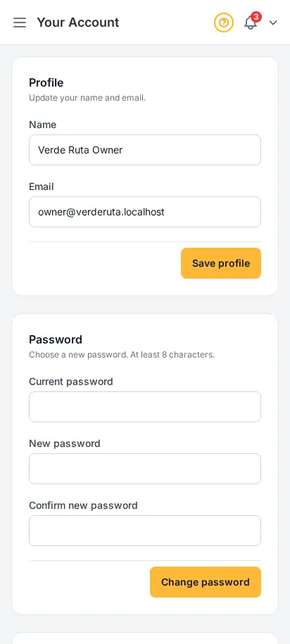 Página de tu cuenta de DabDash mostrando los campos de perfil personal para el nombre y el correo de contacto — vista móvil