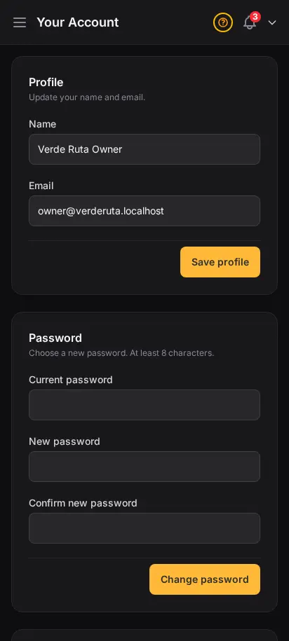 Página de tu cuenta de DabDash mostrando los campos de perfil personal para el nombre y el correo de contacto — vista móvil
