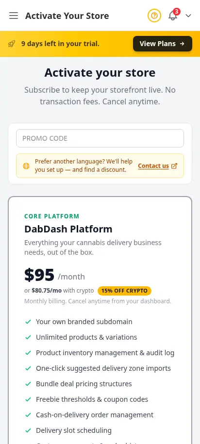 Página de suscripción de DabDash mostrando planes Platform y SEO MAX con opciones de pago con tarjeta o cripto — vista móvil