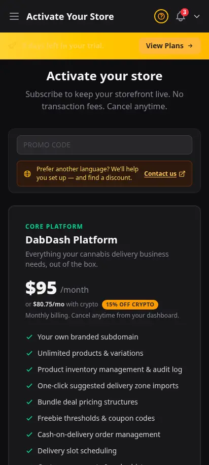 Página de suscripción de DabDash mostrando planes Platform y SEO MAX con opciones de pago con tarjeta o cripto — vista móvil