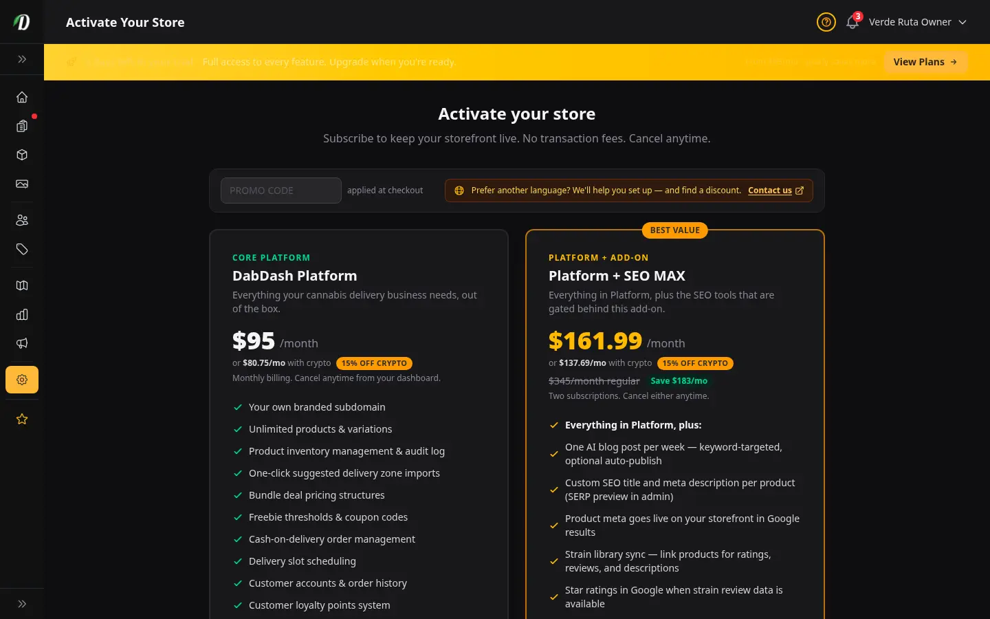 Página de suscripción de DabDash mostrando planes Platform y SEO MAX con opciones de pago con tarjeta o cripto