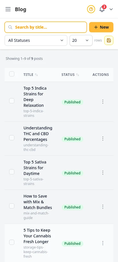 DabDash blog page showing published posts with titles, images, and status badges — mobile view