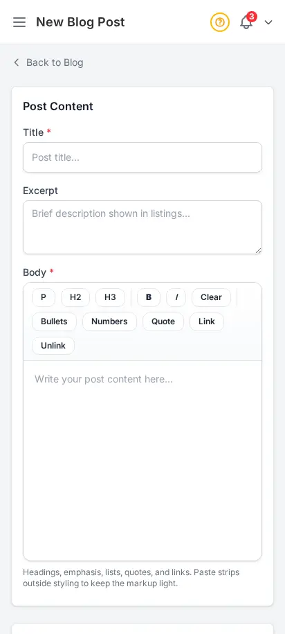Formulario de añadir publicación de blog de DabDash mostrando título, cuerpo del artículo y controles de publicación — vista móvil