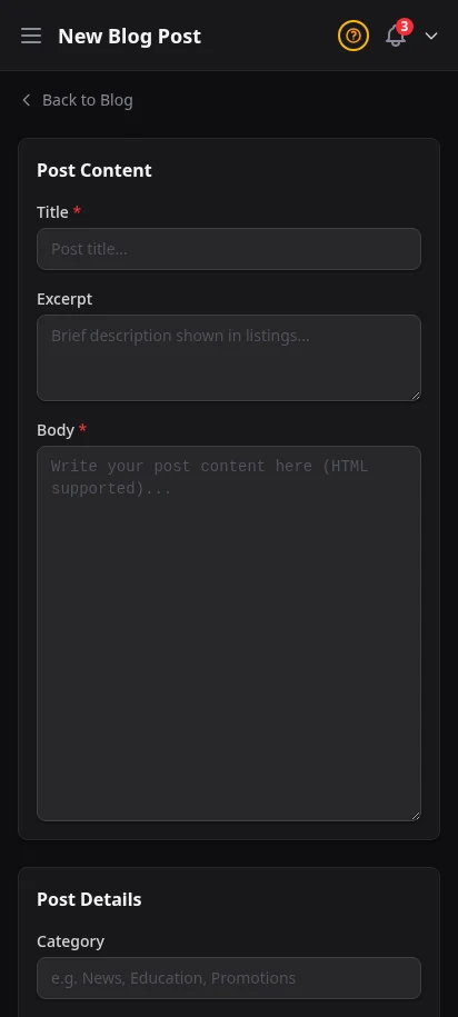 DabDash add blog post form showing title, article body, and publish controls — mobile view