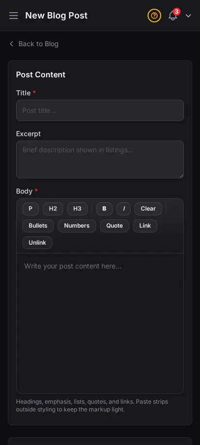 Formulario de añadir publicación de blog de DabDash mostrando título, cuerpo del artículo y controles de publicación — vista móvil