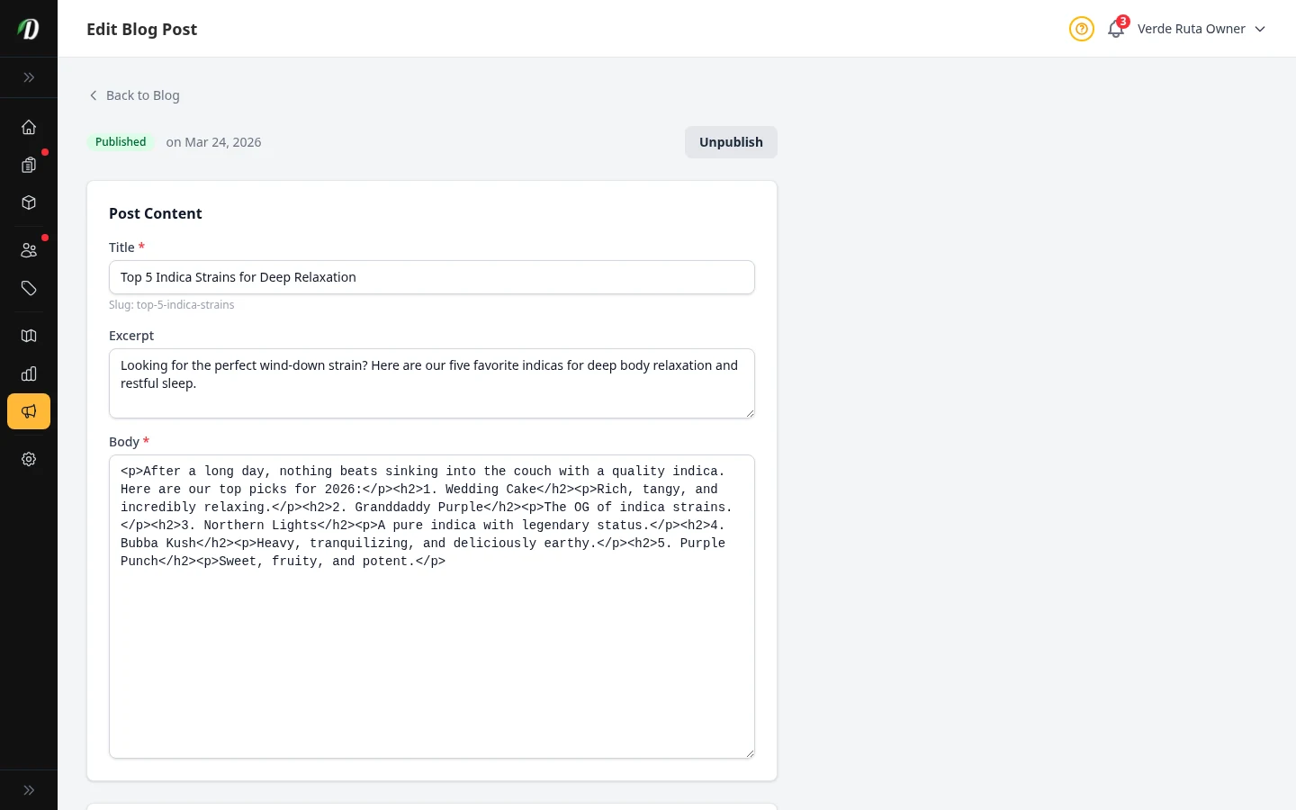 DabDash blog editor showing a saved post with content, SEO fields, and publish settings