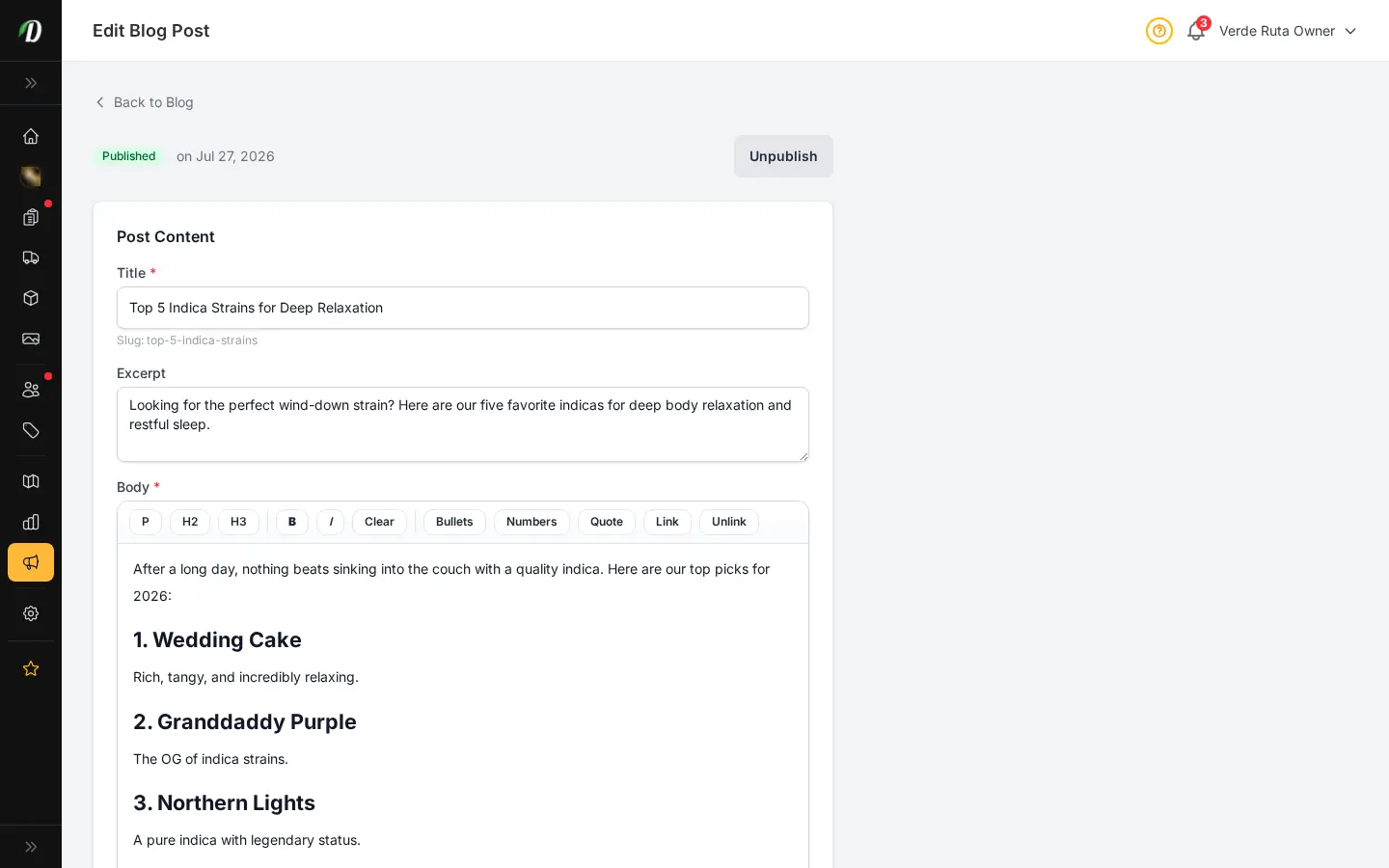 Editor de blog de DabDash mostrando una publicación guardada con contenido, campos SEO y configuración de publicación