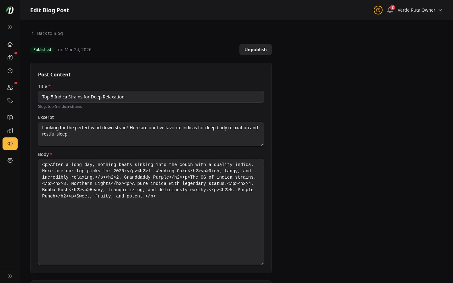 DabDash blog editor showing a saved post with content, SEO fields, and publish settings
