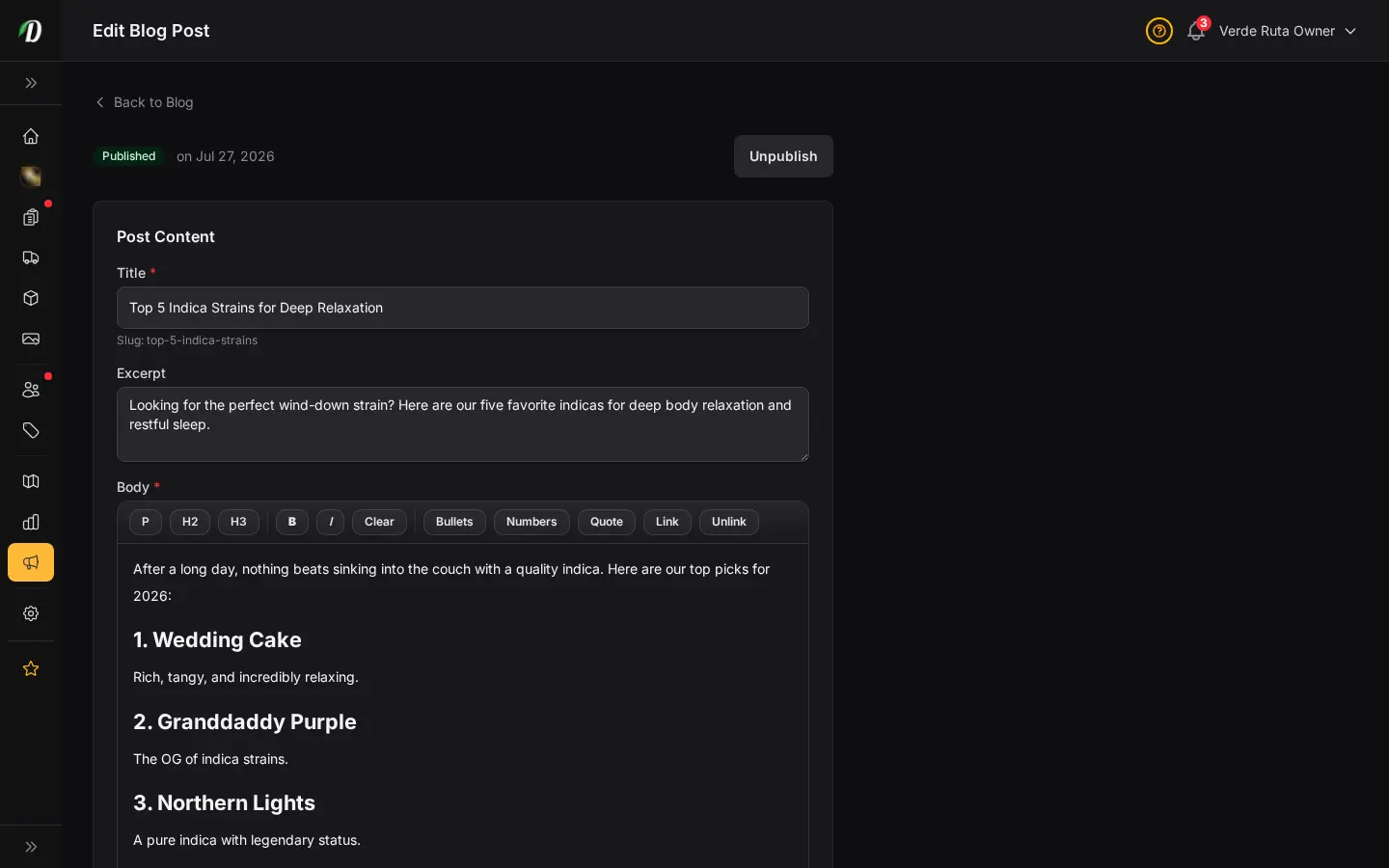 Editor de blog de DabDash mostrando una publicación guardada con contenido, campos SEO y configuración de publicación