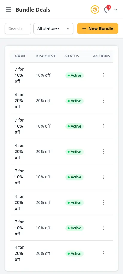 Página de ofertas en paquete de DabDash mostrando paquetes activos con cantidades de activación, descuentos y recuentos de variaciones — vista móvil