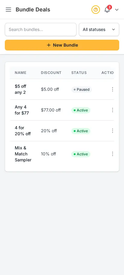 Página de ofertas en paquete de DabDash mostrando paquetes activos con cantidades de activación, descuentos y recuentos de variaciones — vista móvil