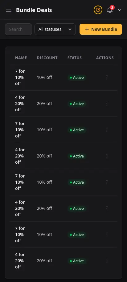 Página de ofertas en paquete de DabDash mostrando paquetes activos con cantidades de activación, descuentos y recuentos de variaciones — vista móvil