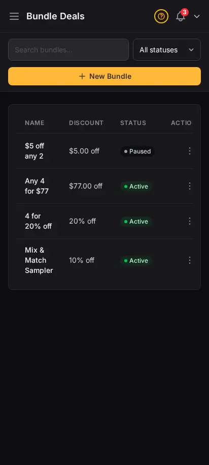 Página de ofertas en paquete de DabDash mostrando paquetes activos con cantidades de activación, descuentos y recuentos de variaciones — vista móvil