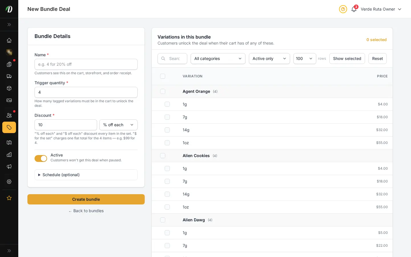 Formulario de nuevo paquete de DabDash mostrando nombre, cantidad de activación, descuento y selector de variaciones