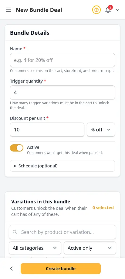 Formulario de nuevo paquete de DabDash mostrando nombre, cantidad de activación, descuento y selector de variaciones — vista móvil