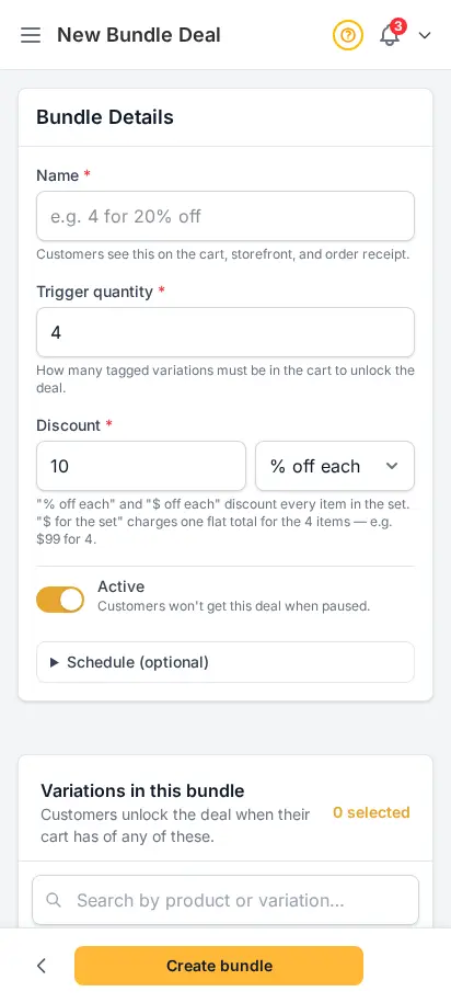 Formulario de nuevo paquete de DabDash mostrando nombre, cantidad de activación, descuento y selector de variaciones — vista móvil
